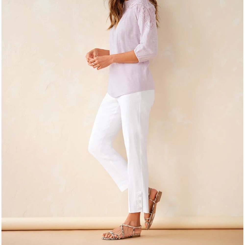 J Jill Linen Stretch‎ White XS  Button Hem Detail Slim Leg Ankle Pants